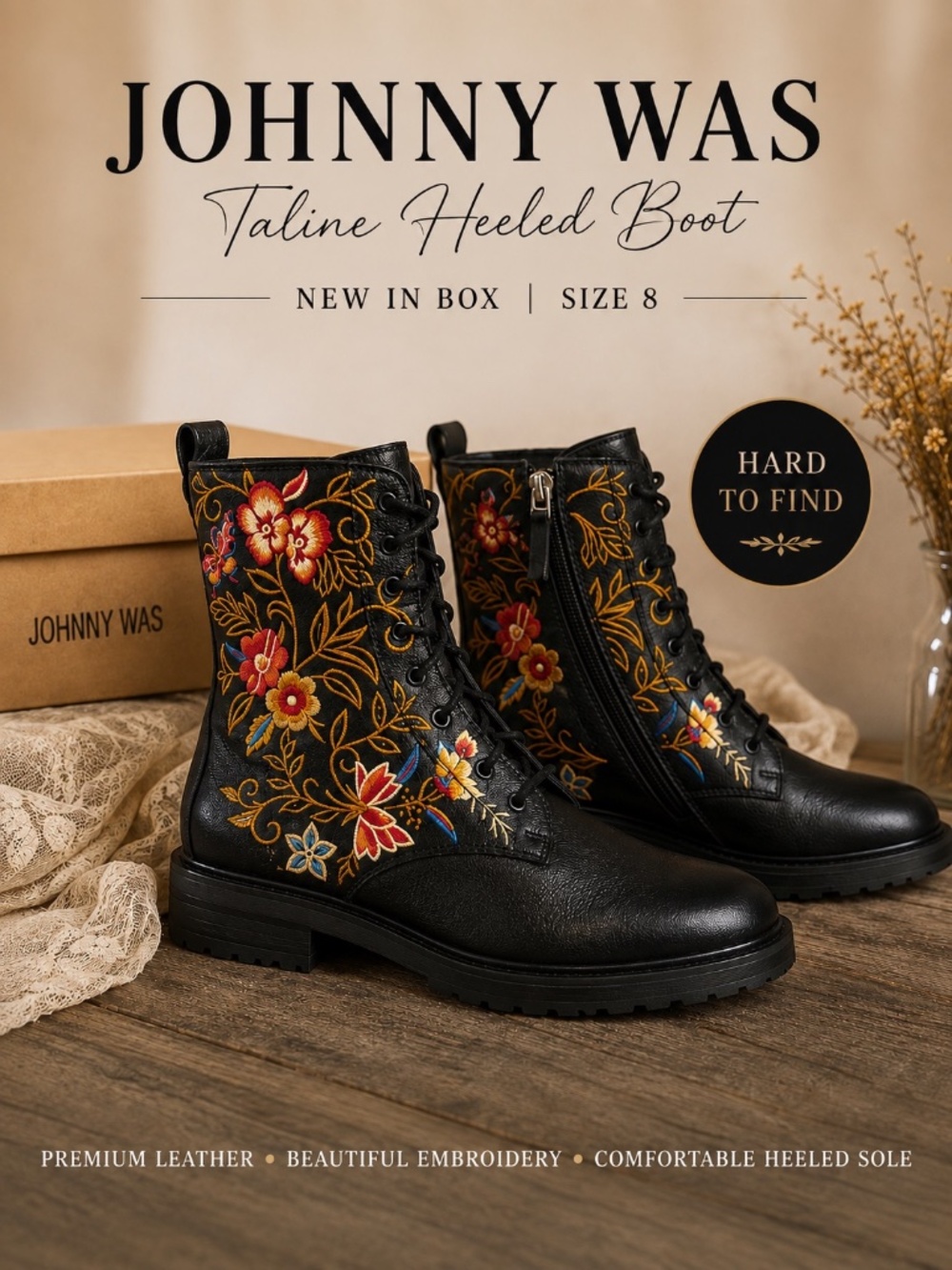 Johnny Was Taline Heeled Embroidered Leather Combat Boots NIB Size 8 MSRP $328